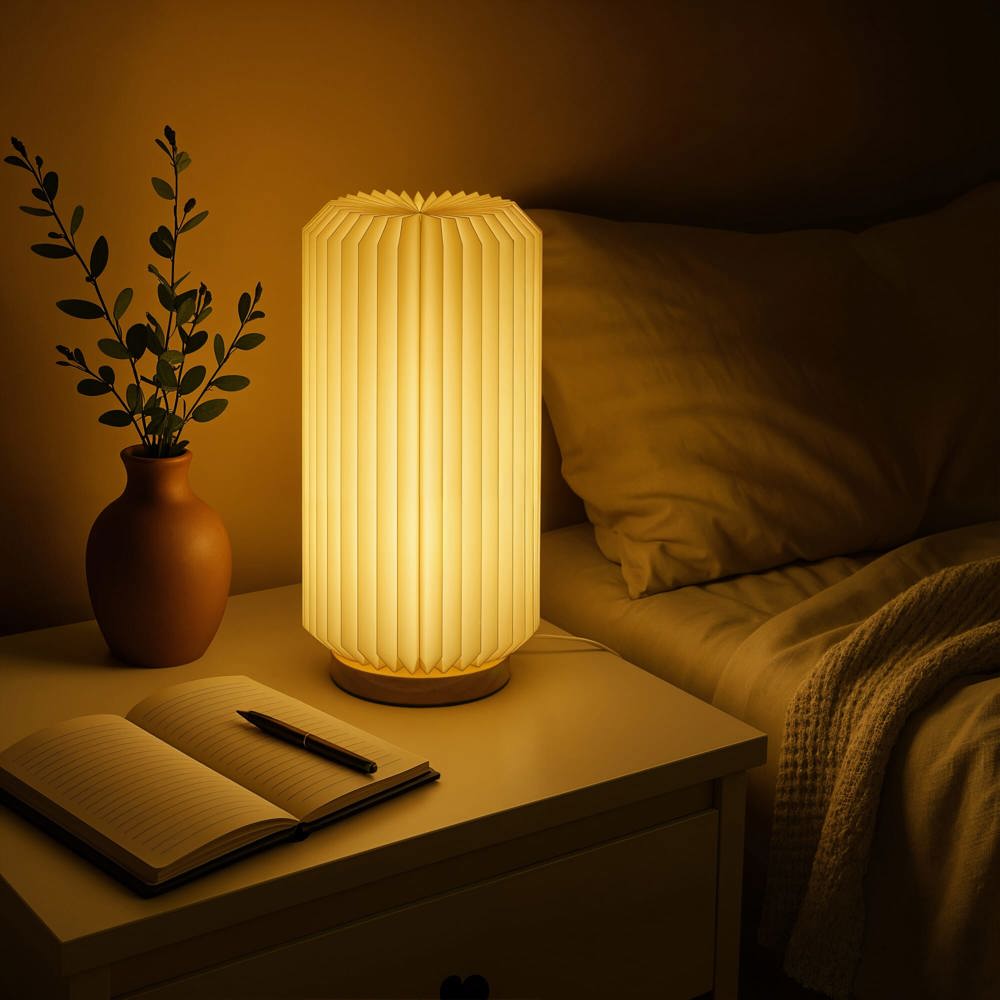 Coollux faltbare Papier-LED-Lampe Aurora Tall auf Holzsockel, 32cm